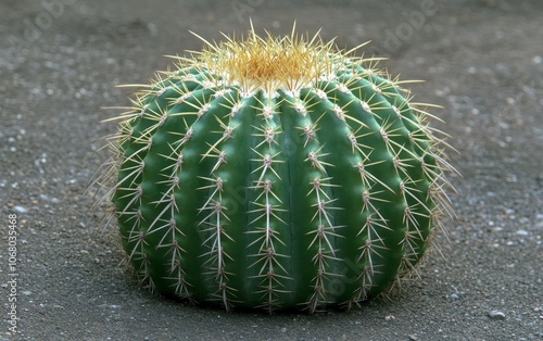 A round green cactus with prominent spines and a golden crown, sitting on a textured surface. photo