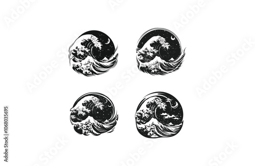 Midnight sea wave engraving logo design vector