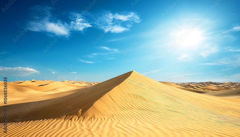 Desert landscape with rolling sand dunes under a brilliant blue sky Desert landscape with rolling sand dunes under a brilliant blue sky