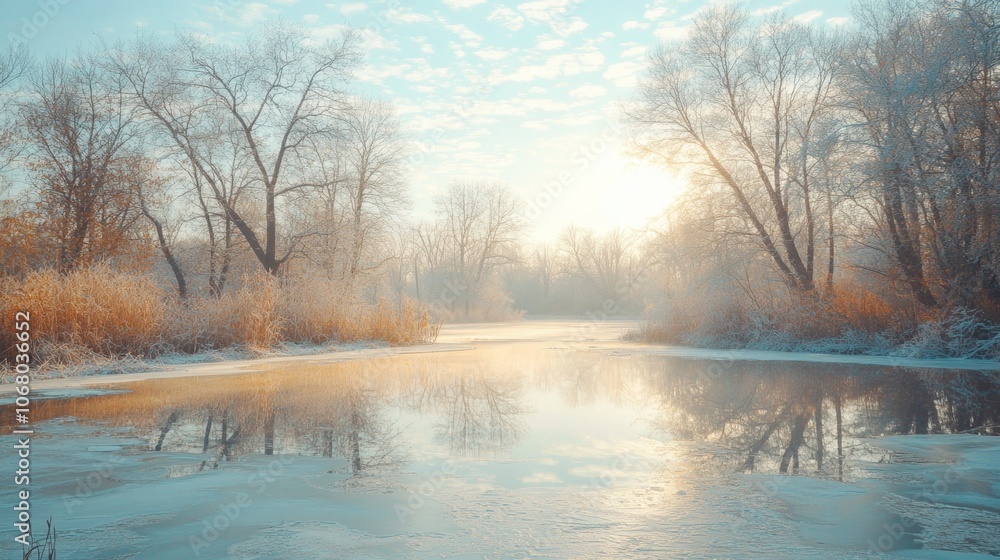 Fototapeta premium Serene Winter River Landscape Frosty Trees Calm Water Sunrise