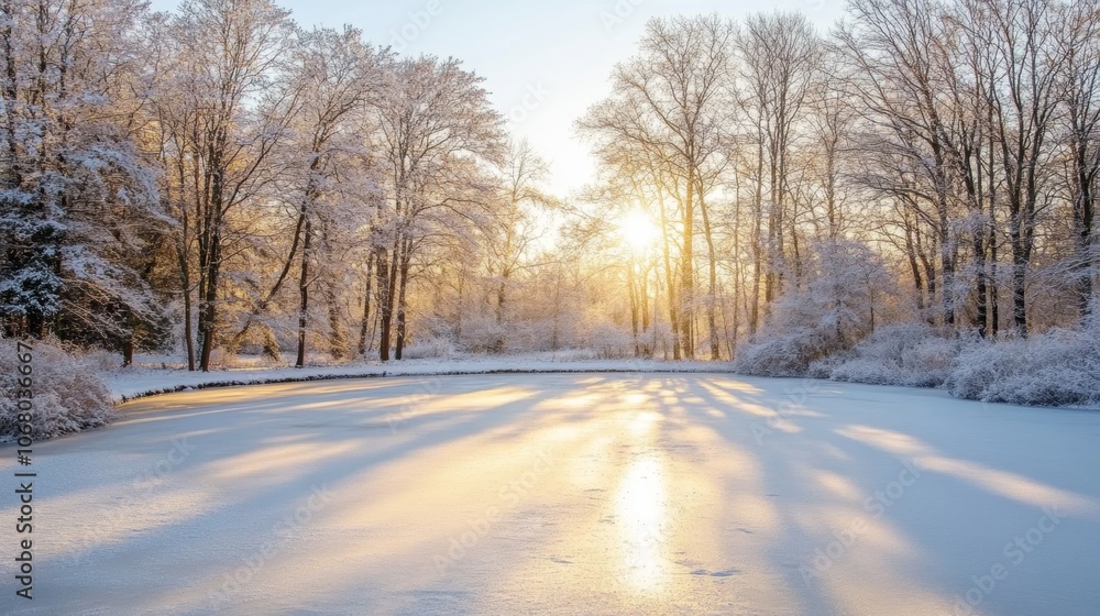 Serene Winter Sunrise Frozen Lake Snow Covered Trees and Golden Sunlight Serene Winter Sunrise Frozen Lake Snow Covered Trees and Golden Sunlight