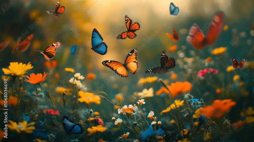 64.A group of butterflies fluttering over a field of wildflowers, their wings creating a vibrant tapestry of colors in motion. Each butterfly has distinct markings and patterns, with bright hues of 64.A group of butterflies fluttering over a field of wildflowers, their wings creating a vibrant tapestry of colors in motion. Each butterfly has distinct markings and patterns, with bright hues of