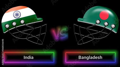 India vs Bangladesh match animation with flags on helmets and colorful border over text all on black background