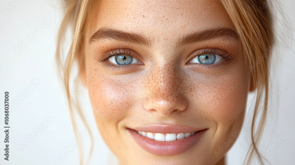 Beautiful Woman Face Closeup Freckles Blue Eyes Smile Beautiful Woman Face Closeup Freckles Blue Eyes Smile