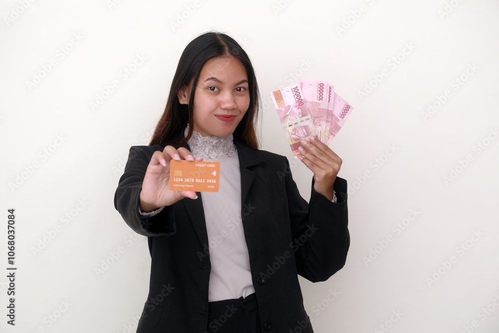 Asian businesswoman standing, happily showing some Rupiah cash money and credit card in her hands Asian businesswoman standing, happily showing some Rupiah cash money and credit card in her hands