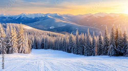 Majestic Winter Sunset Snowy Mountains Pine Forest Ski Slope