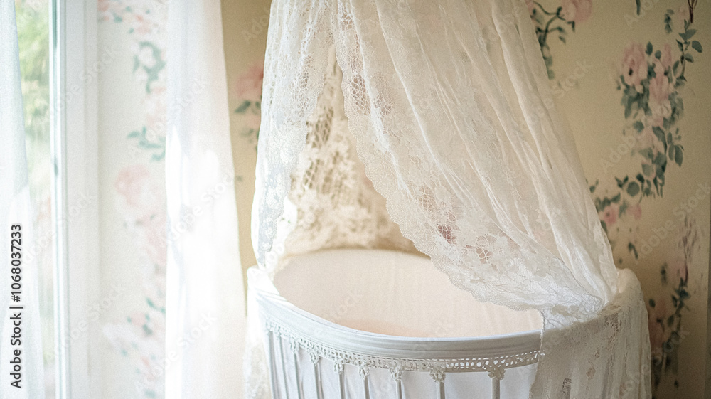 Baby room bassinet, baby cradle bed with lace or soft fabric canopy, cosy nursery interior design and decor, country home style idea Baby room bassinet, baby cradle bed with lace or soft fabric canopy, cosy nursery interior design and decor, country home style idea