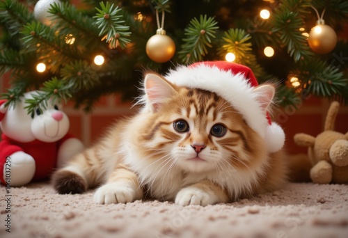  Cute kitten wearing a santa hat lying under a decorated christmas tree with toys and warm lights around