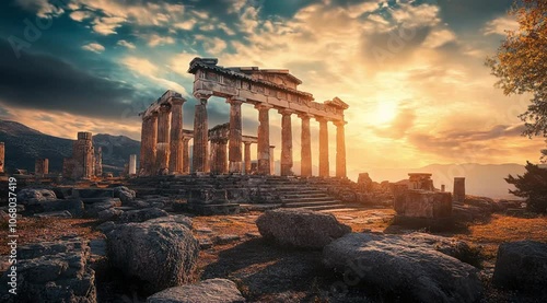 Scene of ancient roman ruined building, Camera slow motion with different angles