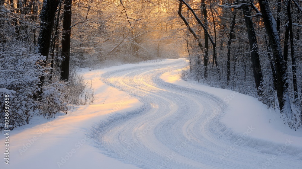 Serene Winter Wonderland Snow Covered Path in Forest at Sunrise Serene Winter Wonderland Snow Covered Path in Forest at Sunrise