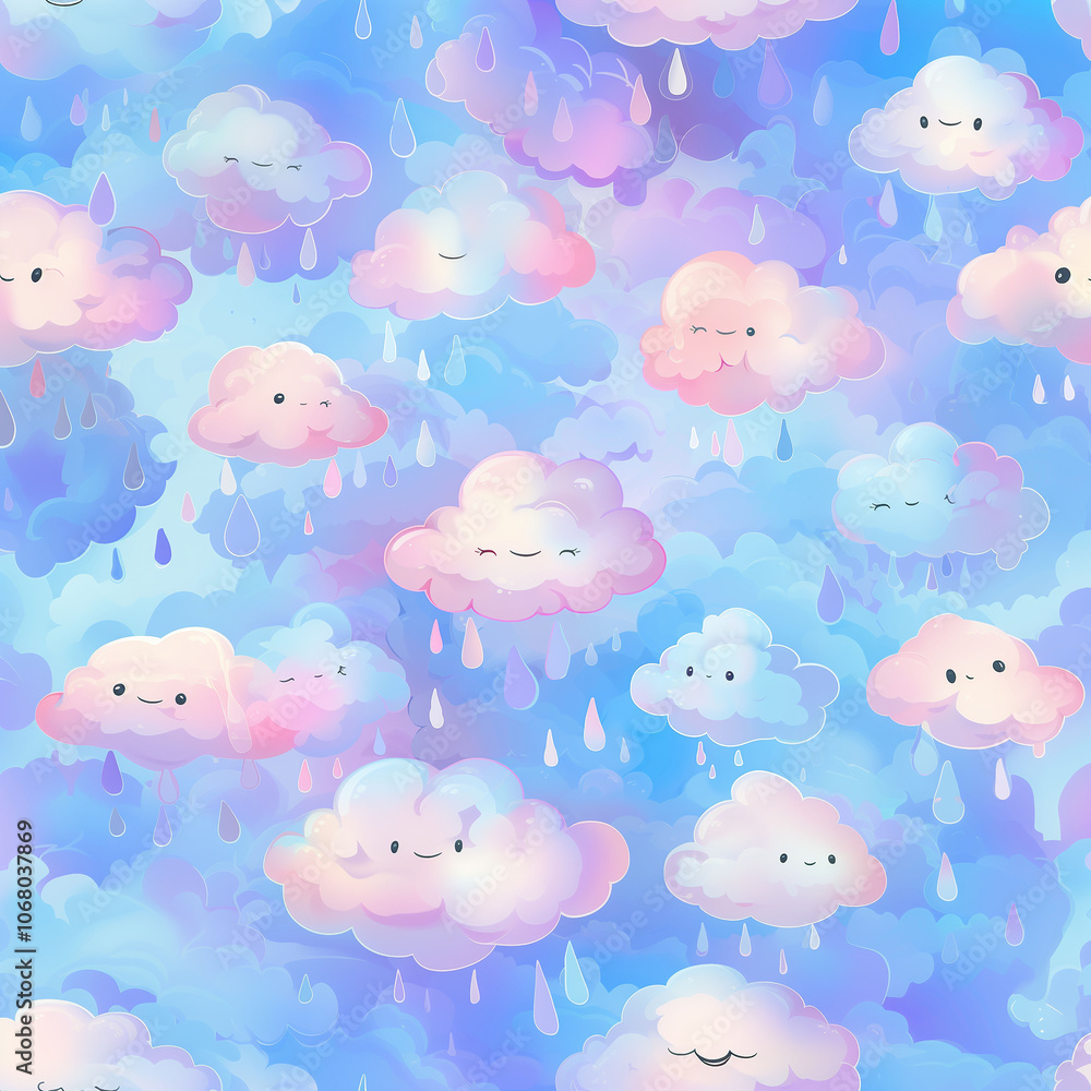 Fototapeta premium Whimsical clouds in pastel hues, gently raining, create a dreamy and calming atmosphere.