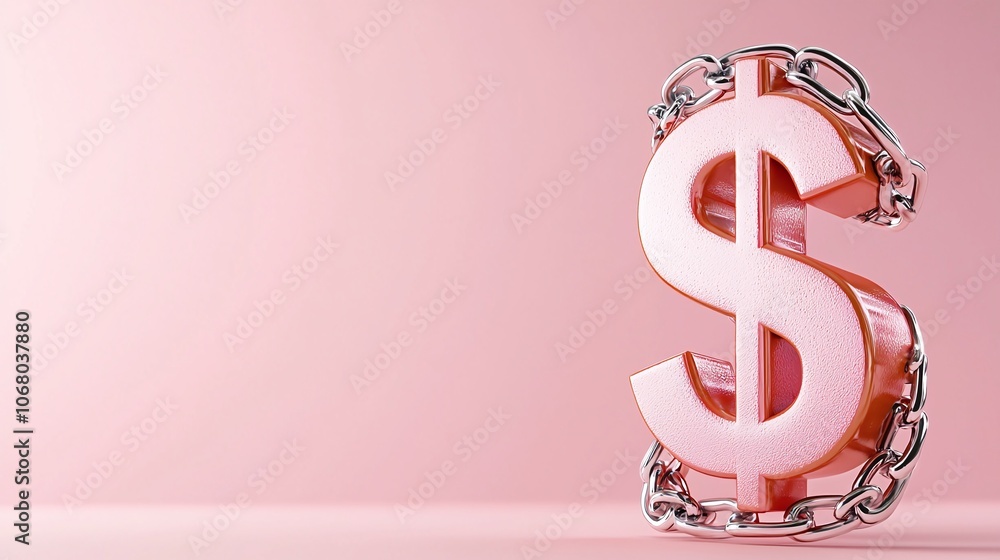 A shiny pink dollar sign is enclosed in chains against a soft pink background, symbolizing financial restraint or limitations. A shiny pink dollar sign is enclosed in chains against a soft pink background, symbolizing financial restraint or limitations.