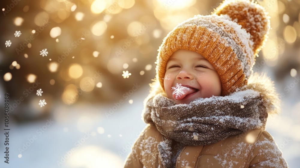 Joyful Toddler in Winter Wonderland Catching Snowflakes Joyful Toddler in Winter Wonderland Catching Snowflakes