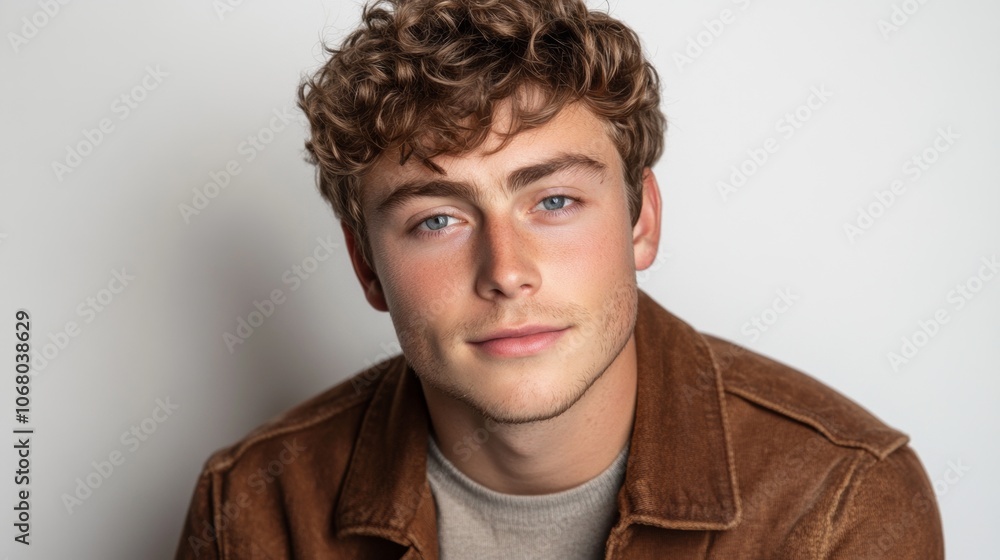 Obraz premium Handsome Young Man Portrait Curly Hair Brown Jacket Studio Shot