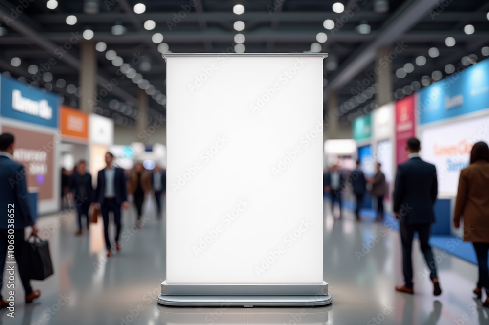 Trade show exhibition blank roll-up banner in busy convention center for branding and advertising Trade show exhibition blank roll-up banner in busy convention center for branding and advertising