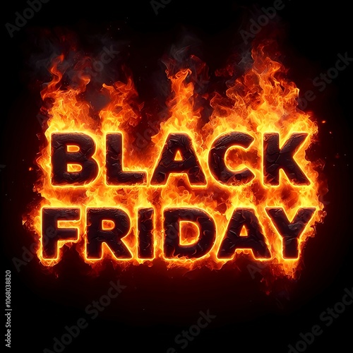 'Black Friday' written in vivid, blazing flames against a dark background. Each letter intensely burns, creating a bold, high-energy effect.