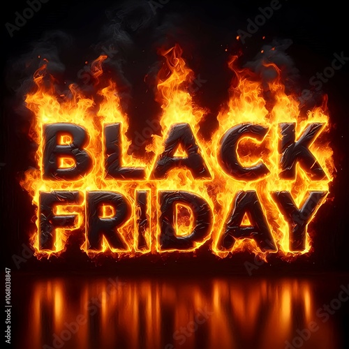 'Black Friday' written in vivid, blazing flames against a dark background. Each letter intensely burns, creating a bold, high-energy effect.