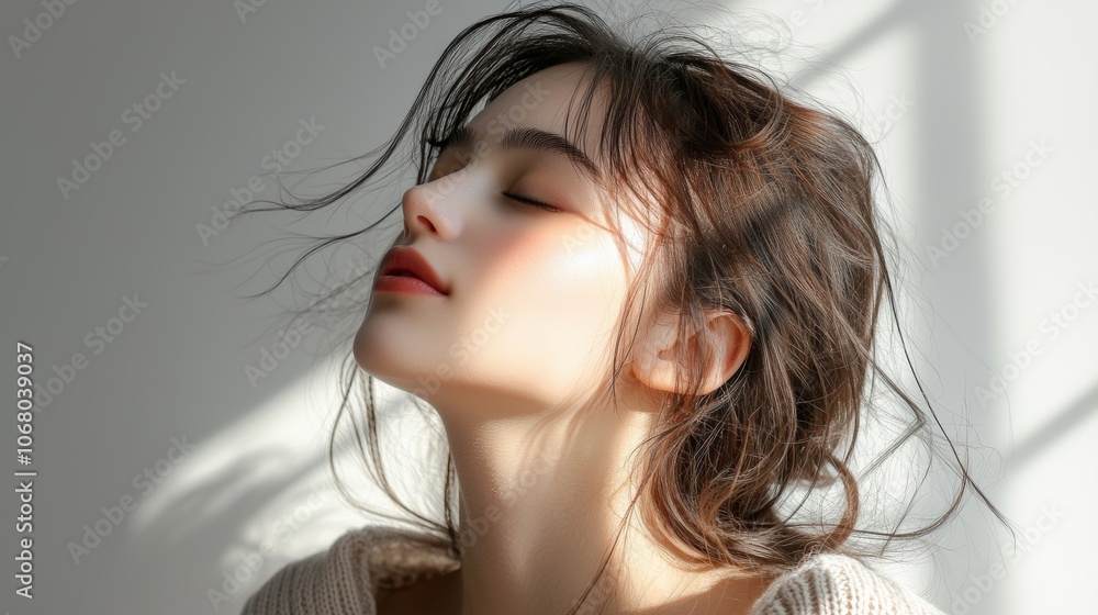 Serene Woman Long Brown Hair Soft Light Peaceful Expression Beauty Portrait Serene Woman Long Brown Hair Soft Light Peaceful Expression Beauty Portrait