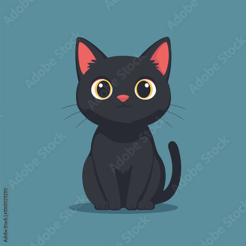 Cute Cartoon Black Cat Sitting on Blue Background