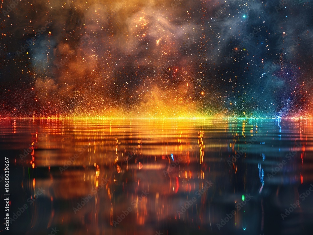 A vibrant cosmic scene with colorful reflections on water, evoking a sense of wonder. A vibrant cosmic scene with colorful reflections on water, evoking a sense of wonder.