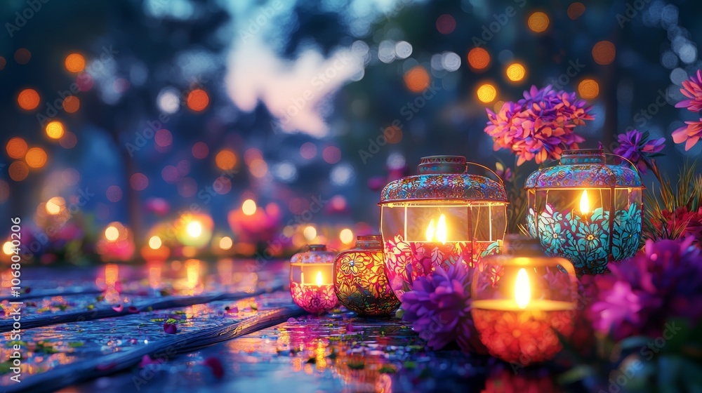 A serene night scene featuring glowing candles among vibrant flowers, surrounded by a soft bokeh of twinkling lights, creating a magical, inviting atmosphere. A serene night scene featuring glowing candles among vibrant flowers, surrounded by a soft bokeh of twinkling lights, creating a magical, inviting atmosphere.