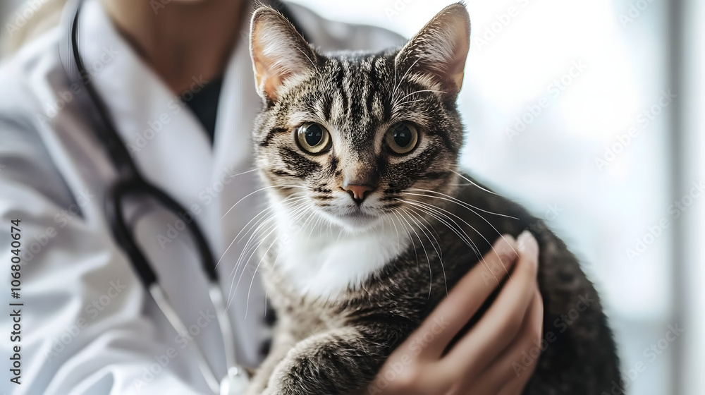Cat sitting calmly on a veterinary examination table, veterinarian nearby performing a check-up in a well-lit clinic setting
Cat sitting calmly on a veterinary examination table, veterinarian nearby performing a check-up in a well-lit clinic setting