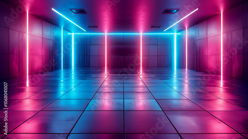 Futuristic room with pink and blue neon lights and reflective tiled floor