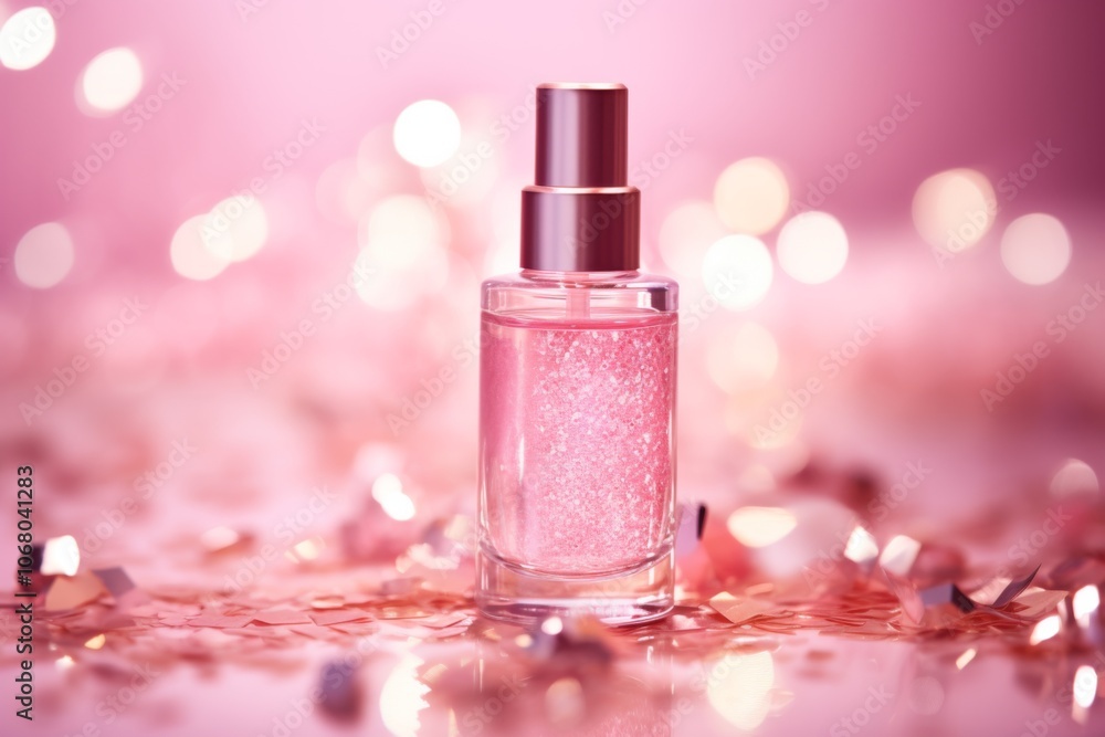 A bottle of perfume is on a table with glitter A bottle of perfume is on a table with glitter