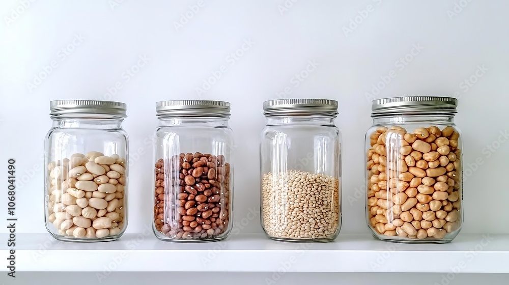 Collection of dried beans and grains in clear jars on a simple white kitchen shelf, with soft, natural lighting creating a harmonious, earthy feel