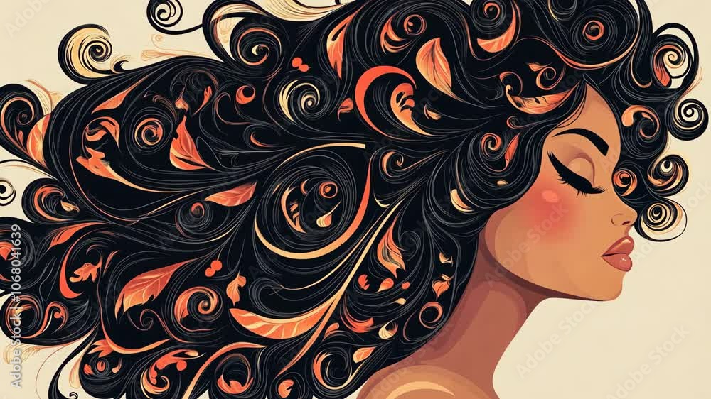 A digital illustration of a woman with intricate black and orange swirls in her hair A digital illustration of a woman with intricate black and orange swirls in her hair