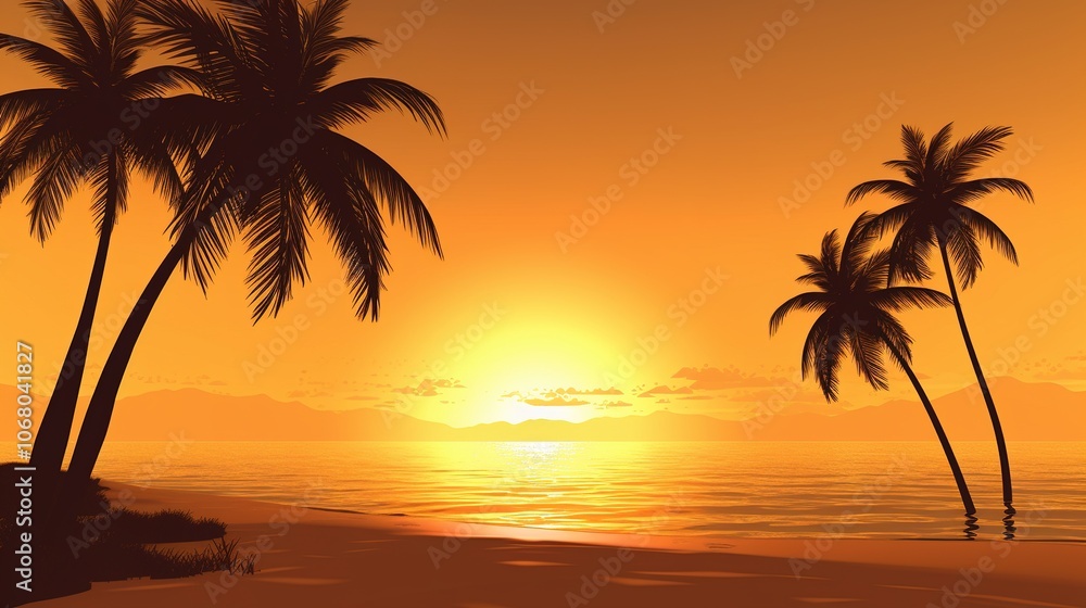 Serene Sunset Over Tropical Beach with Silhouetted Palms Serene Sunset Over Tropical Beach with Silhouetted Palms