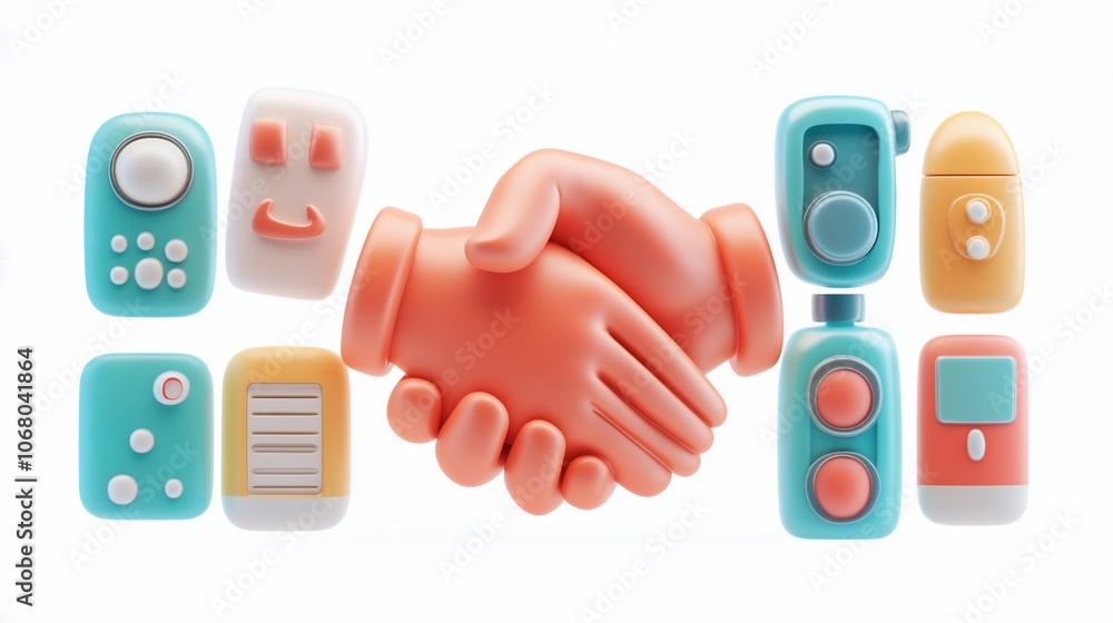 Obraz premium 3D rendered handshake icon surrounded by colorful app icons on white background.