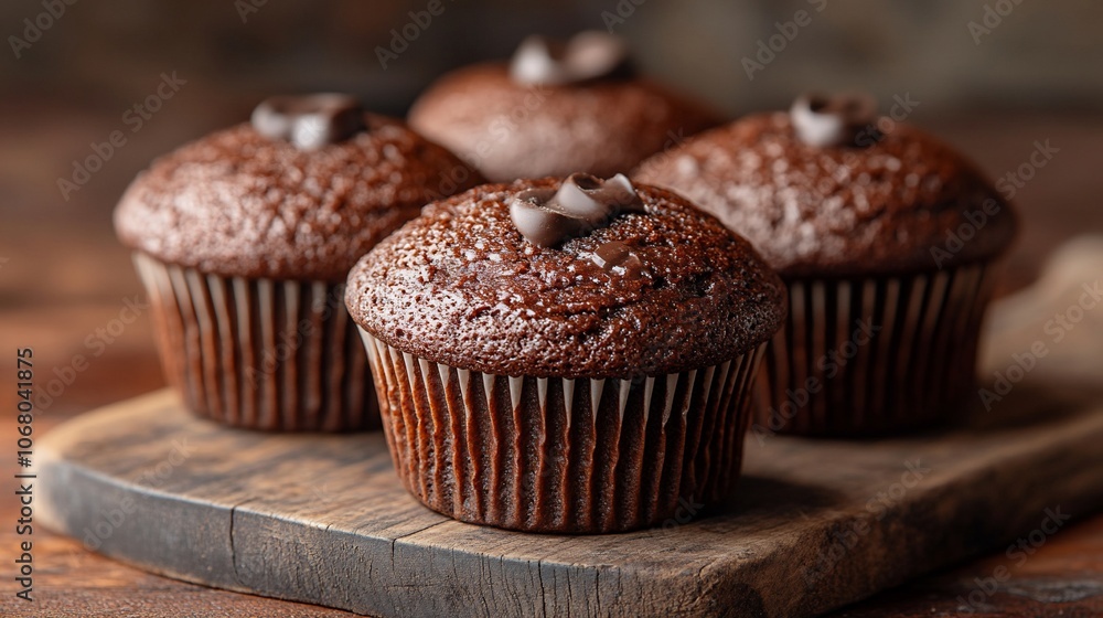 Four chocolate muffins with chocolate chips on top, arranged on a wooden cutting board. Four chocolate muffins with chocolate chips on top, arranged on a wooden cutting board.