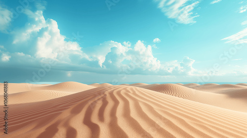 Sandy desert dunes with rippled textures under a blue sky and scattered clouds