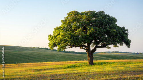  Lone tree on sunlit grassy field with rolling hills in summer