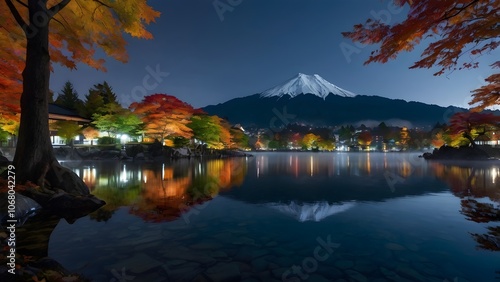 Kawaguchiko lake at night with vivid autumn leaves glowing under soft illumination vibrant maple reds and oranges reflecting on calm water distant Mount Fuji silhouetted wide-angle shot magical evenin photo