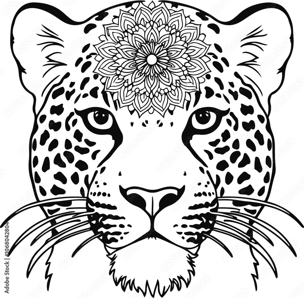 Obraz premium Leopard face with mandala pattern on head , thick lines, low details white background 8.eps