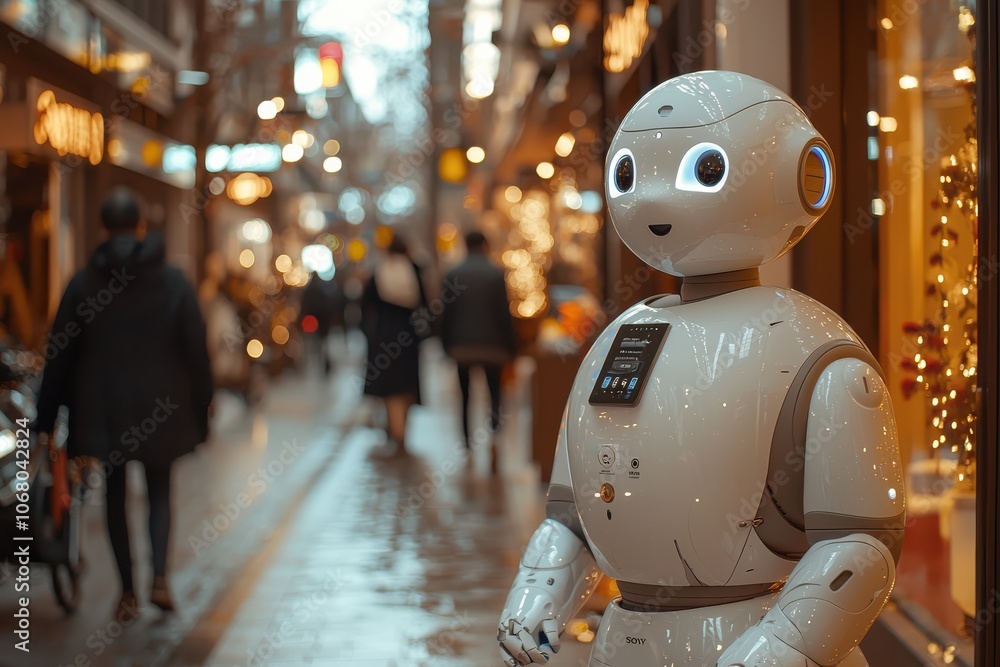 Robot on street amid evening crowd Robot on street amid evening crowd