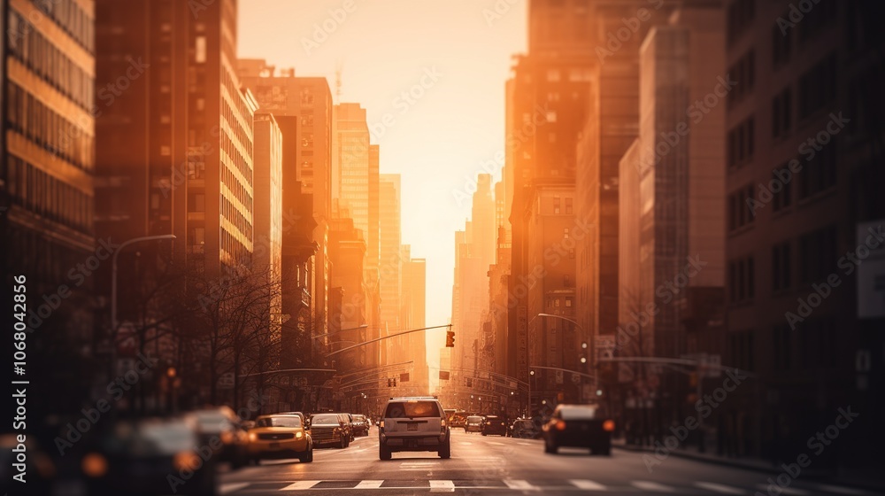 Sunset Over City Streets with Vehicles and Skyscrapers Sunset Over City Streets with Vehicles and Skyscrapers