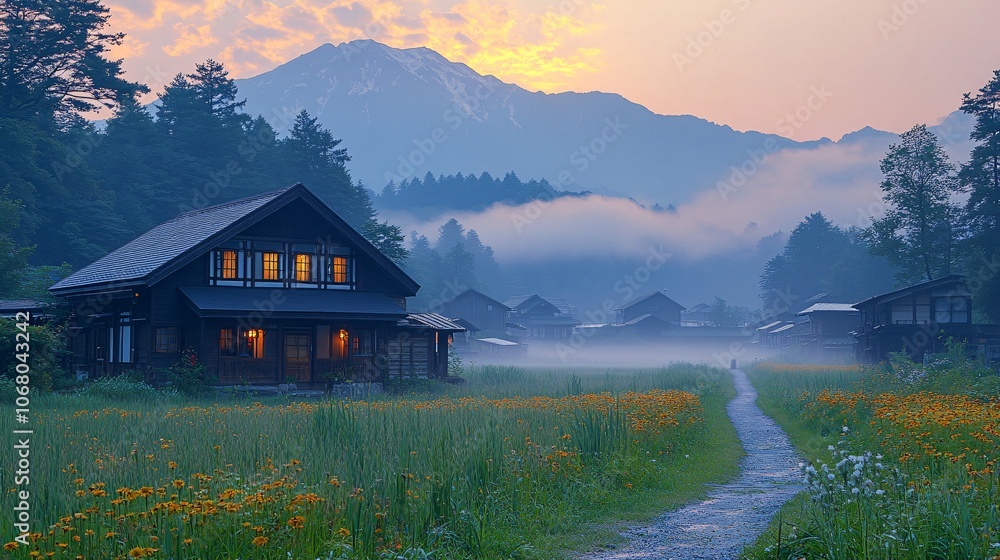 Fototapeta premium Serene Morning Fog Over Nagano Mountains in Japan