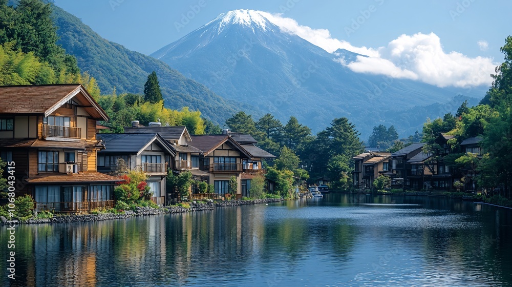 Fototapeta premium Scenic Coastal Town Views of Hakone and Mountain