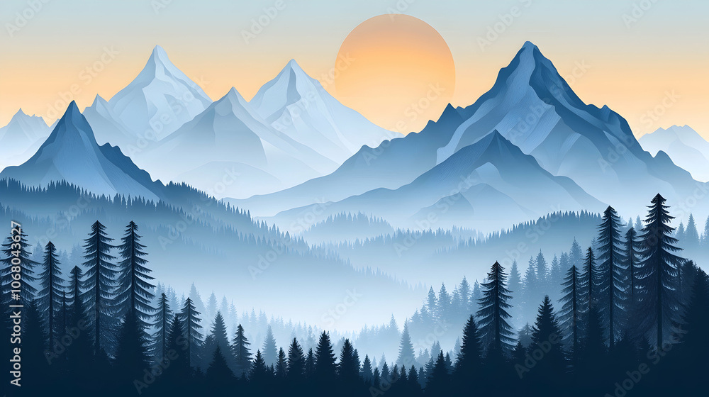 Obraz premium A misty morning view of a mountain range with the sun rising behind the peaks.