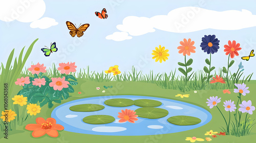 A pond with lily pads surrounded by colorful flowers and butterflies in a meadow under a blue sky. photo