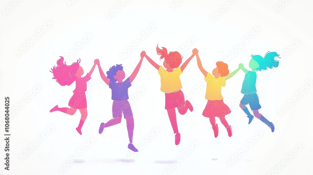 A vibrant cartoon drawing of joyful children holding hands and jumping, in a playful clip art style, set against a simple white background. A vibrant cartoon drawing of joyful children holding hands and jumping, in a playful clip art style, set against a simple white background.