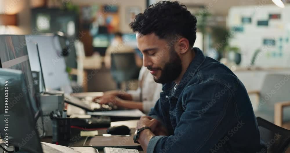 Businessman, computer and office as virtual assistant or customer service consultant in call center. Male person, technology and reading in coworking as employee, company and technical support agency Businessman, computer and office as virtual assistant or customer service consultant in call center. Male person, technology and reading in coworking as employee, company and technical support agency