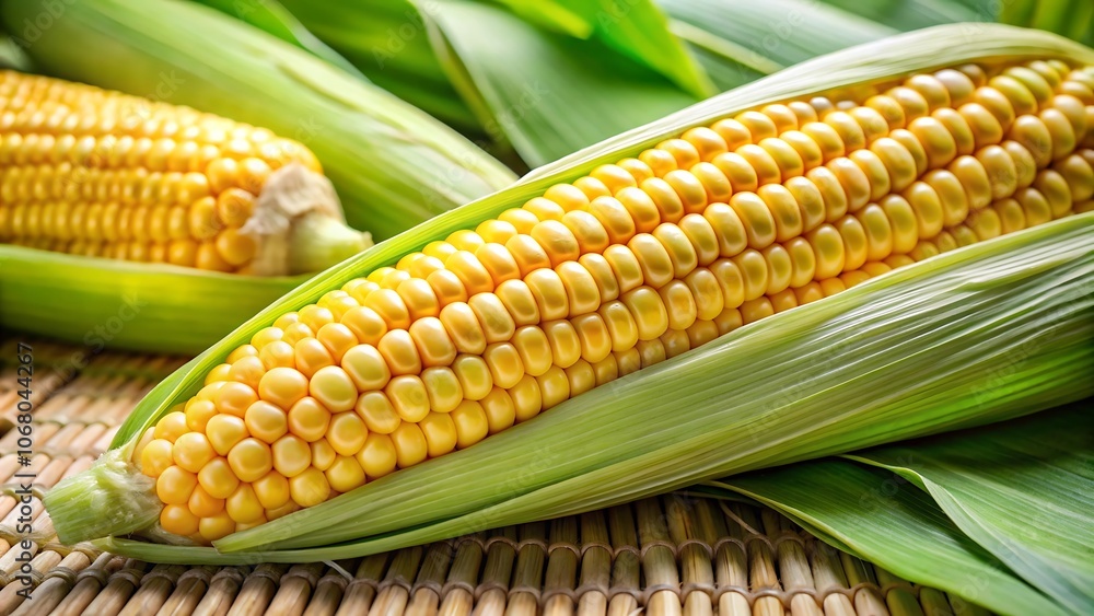 Fresh corn on the cob with green husk, Ma's, agriculture, harvest, farm, vegetable, organic, healthy, food, nutrition, JPG, AI GENERATED Fresh corn on the cob with green husk, Ma's, agriculture, harvest, farm, vegetable, organic, healthy, food, nutrition, JPG, AI GENERATED