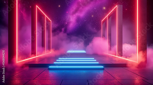 Futuristic neon pathway with glowing frames and cosmic background. Copy space. Generative AI 