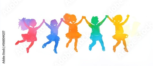 A vibrant cartoon drawing of joyful children holding hands and jumping, in a playful clip art style, set against a simple white background.