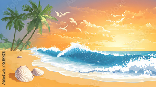 A tropical beach scene with a sunset sky, palm trees, a crashing wave, and seashells on the sand.