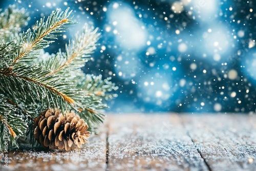 Christmas fir tree with cone and snow on a wooden background, selective focus